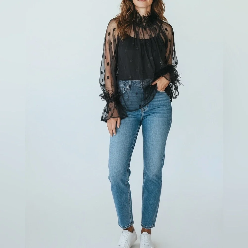 Anthropologie Rdalamal Black Ruffled Sheer Blouse Long Sleeve Feather Trim New M - Picture 4 of 13